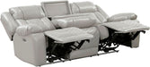 Wll Hugger Power Double Reclining Sof with Center Drop-Down Tble, Fux Lether Home Theter Seting with LED Lighting/Usb Chrging Ports/Wireless Chrger/Cup Holders, Mgzine Pocket, Gry