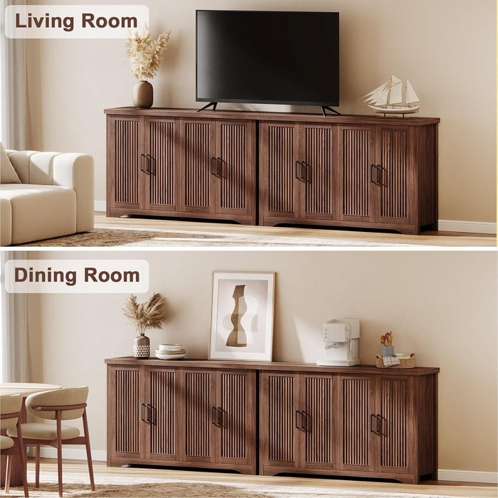 55" Fluted Sideboard Buffet Cabinet with Storage,Walnut | Modern Credenza with 4 Doors & Adjustable Shelves,Coffee Bar Table Console for Dining Room Kitchen Living Room Entryway