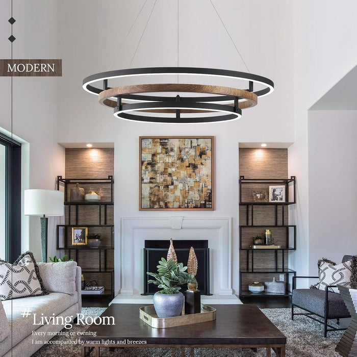 3 Ring LED Chandelier Modern Chandeliers Walnut Wood Black Dimmable 31''