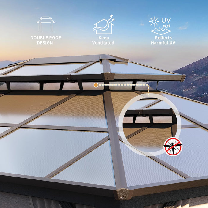 10'X13' Hardtop Gazebo, Outdoor Polycarbonate Double Roof Canopy, Aluminum Frame Permanent Pavilion with Curtains and Netting, Sunshade for Garden, Lawns, Patio