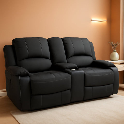 65" Wall Hugger Reclining RV | RV Theater Seats| Double Recliner RV Sofa & Console | RV Couch | RV Theater Seating | RV Furniture | (Manual, Black W/White Stiching)