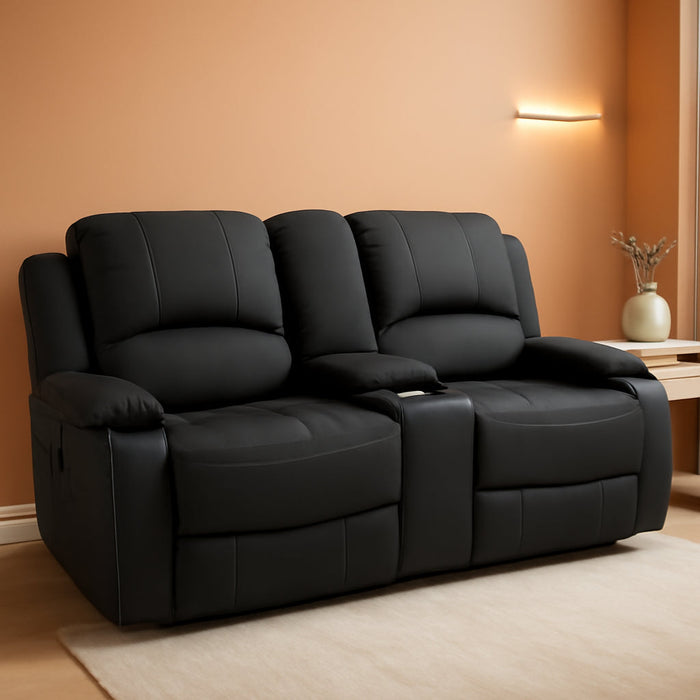 65" Wall Hugger Reclining RV | RV Theater Seats| Double Recliner RV Sofa & Console | RV Couch | RV Theater Seating | RV Furniture | (Manual, Black W/White Stiching)