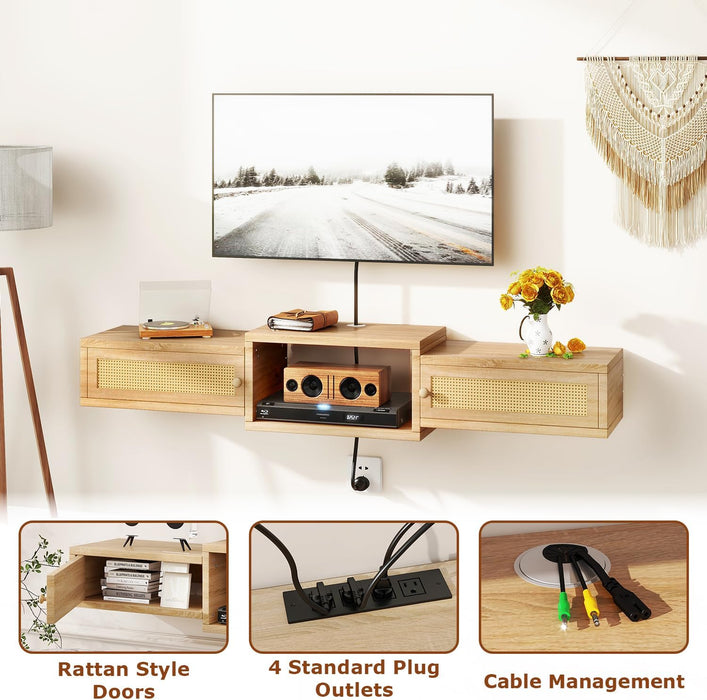 Modern Rattan Floating TV Stand with Doors,Wall Mounted TV Shelf for Tvs up to 55 Inches,Media Console Entertainment Center for under TV Storage Cabinet for Living Room Bedroom,Natural UWST012N