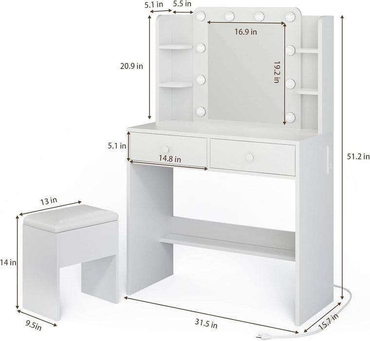 White Vanity Desk with Mirror and Lights, Makeup Vanity with 10 LED Bulbs and 3 Color Modes, Dressing Table Set with Power Outlets, Storage Drawers and Chair for Bedroom