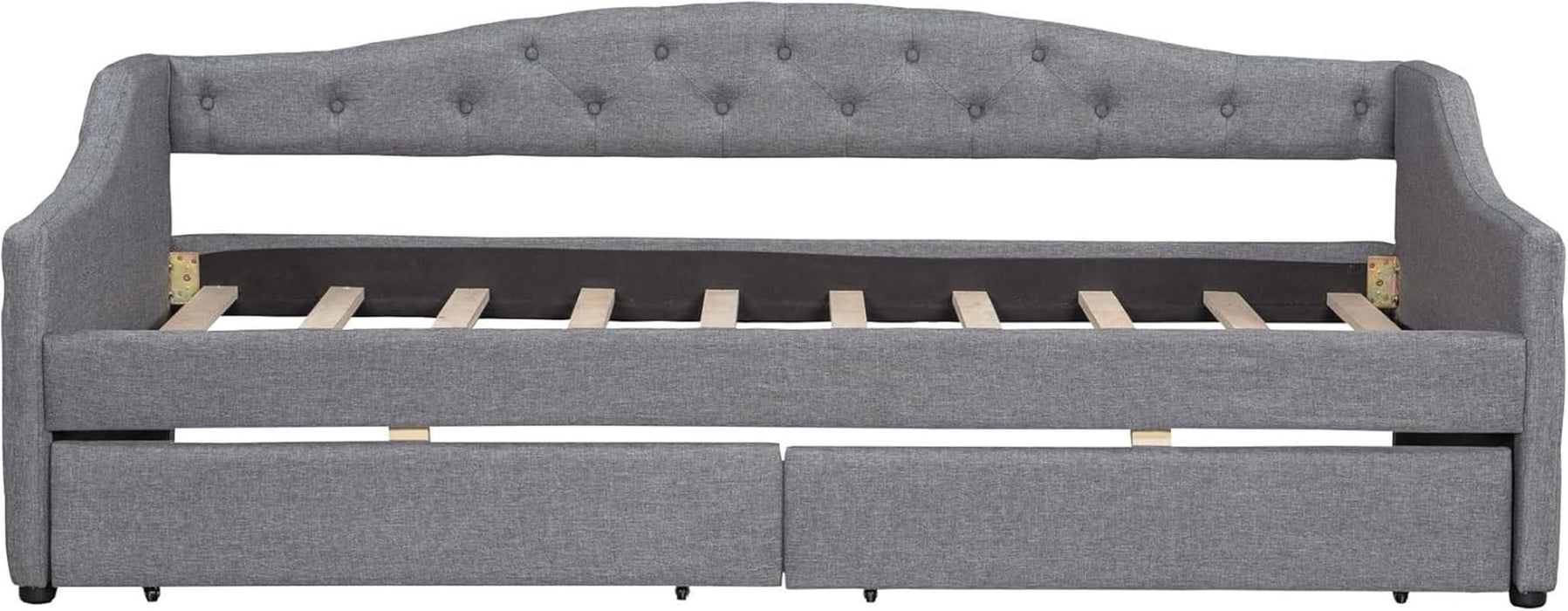 Twin XL Size Modern Upholstered Platform Bed with 2 Drawers, Linen Sofa Daybed with Wood Slat Support, Storage Bed Frame, Space Saving/Gray