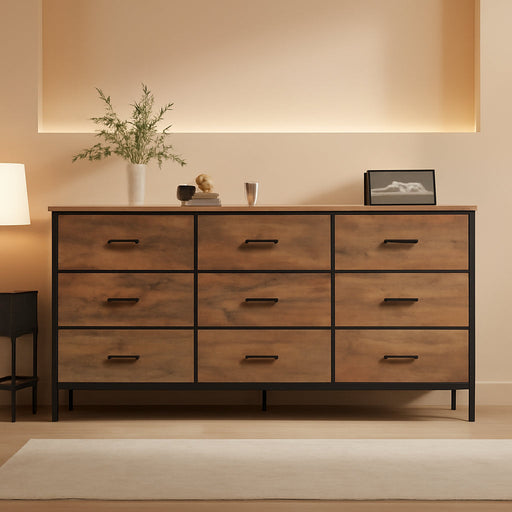 9 Drawer Dresser, 55 Inch Dresser TV Stand for 55, 60 Inch TV, Entertainment Center with Drawers, Large Storage Fabric Dresser for Bedroom, Closet, Rustic Brown