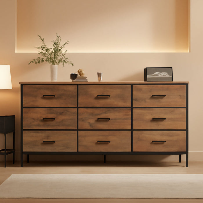 9 Drawer Dresser, 55 Inch Dresser TV Stand for 55, 60 Inch TV, Entertainment Center with Drawers, Large Storage Fabric Dresser for Bedroom, Closet, Rustic Brown