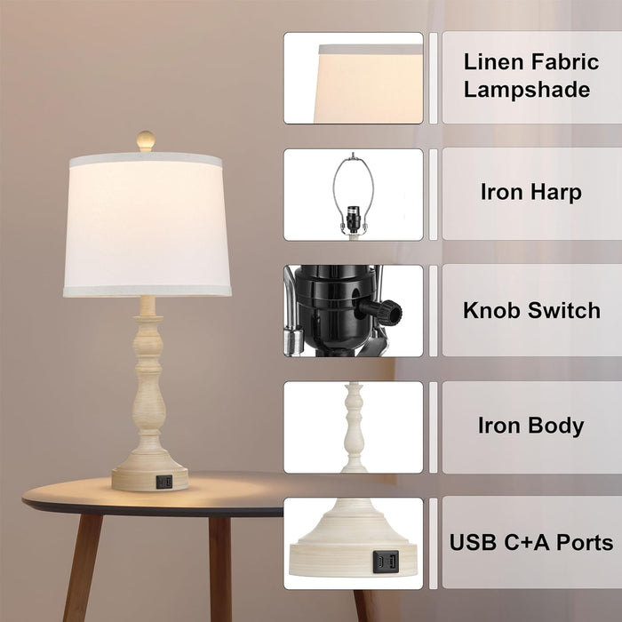 23'' Table Lamps Set of 2, Lamps for Bedroom, USB C+A Ports, Beige