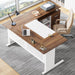63 Inch Executive Desk with File Cabinet, L Shaped Office Desk with Drawers and Storage Shelves, Business Furniture Set Workstation for Home Office, White and Walnut