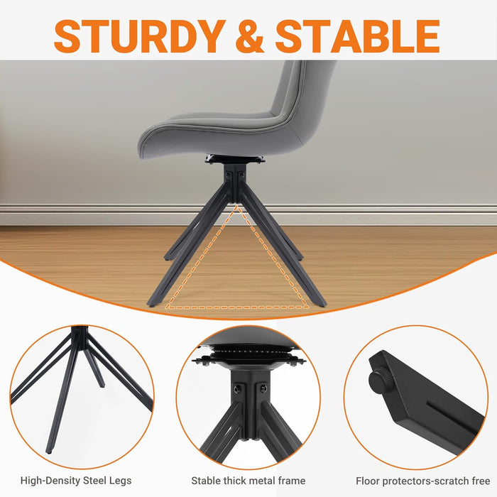 Dining Chairs Set of 2, 360° Swivel Upholstered Mid-Century Modern Kitchen Dining Room Chairs, Armless Faux Leather Accent Side Chair with Padded Back, Metal Legs for Living Room Bedrooms,Grey