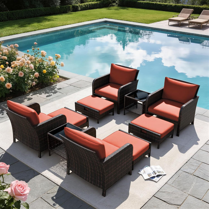 Patio Conversation Set 5 Piece, Balcony Furniture Outdoor PE Rattan Wicker Lounge Chairs with Soft Cushions, 2 Ottomans & Glass Table for Porch Lawn, Brown (Orange Red Cushions