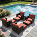 Patio Conversation Set 5 Piece, Balcony Furniture Outdoor PE Rattan Wicker Lounge Chairs with Soft Cushions, 2 Ottomans & Glass Table for Porch Lawn, Brown (Orange Red Cushions