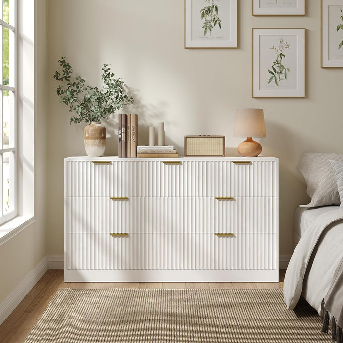 White 7 Drawer Dresser for Bedroom, 55" Wide Fluted Chest of Drawers with Gold Metal Handles, Modern Wood Dresser Closet Storage Organizer Mid Century TV Stand for Living Room Hallway