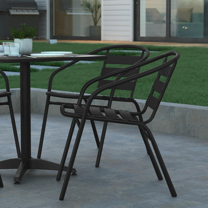 Rhea 27.5" Square Glass Metal Table with 4 Slat Back Chairs - Black - 5 Piece Patio Set - All-Weather for Indoor/Outdoor Use