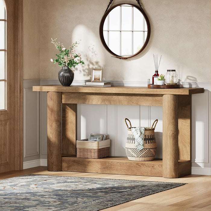 63-Inch Farmhouse Console Table, 2-Tier Storage Sofa Table behind the Couch, Narrow Long Entryway Furniture for Home Hallway, Entrance, Living Room, Brown