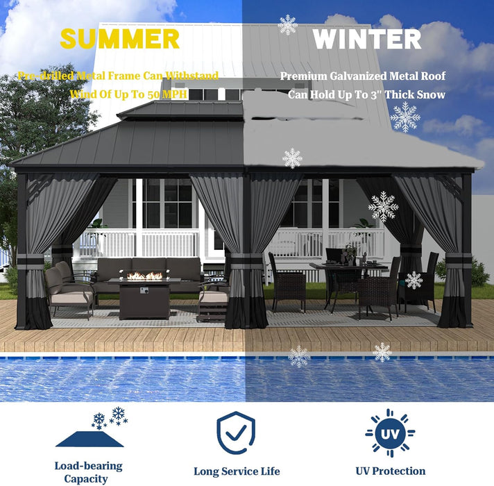12'X20' Hardtop Gazebo, Outdoor Double Roof Canopy with Netting and Curtains, Galvanized Metal Frame, Sunshade for Patio, Backyard, Deck and Lawns-Gray
