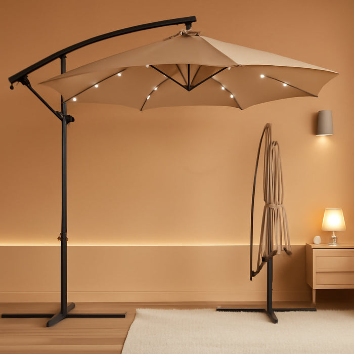 10Ft Solar LED Offset Hanging Market Patio Umbrella for Backyard, Poolside, Lawn and Garden W/Easy Tilt Adjustment, Polyester Shade, 8 Ribs - Tan
