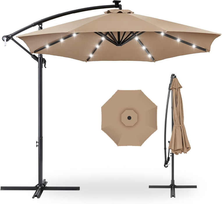 10Ft Solar LED Offset Hanging Market Patio Umbrella for Backyard, Poolside, Lawn and Garden W/Easy Tilt Adjustment, Polyester Shade, 8 Ribs - Tan