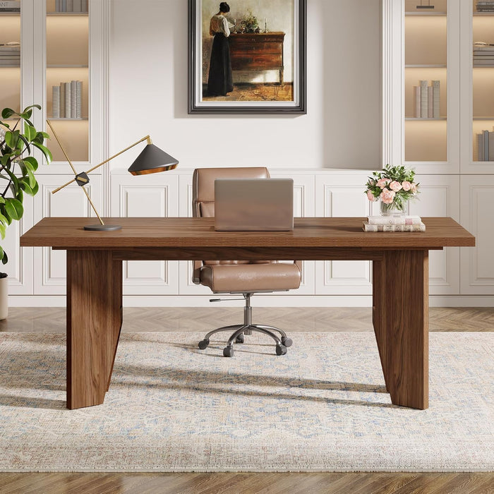 63-Inch Executive Desk, Mid-Century Modern Office Desk with Sturdy Legs, Large Wooden Computer Desk Business Workstation for Home Office, Brown
