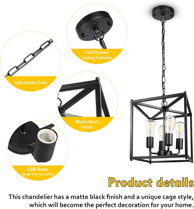 4-Light Black Farmhouse Chandelier, Iron Lantern Pendant Light Rustic Cage Adjustable Height, E26 Base Industrial Hanging Lights for Kitchen Island Dining Room Hallway Foyer Entryway