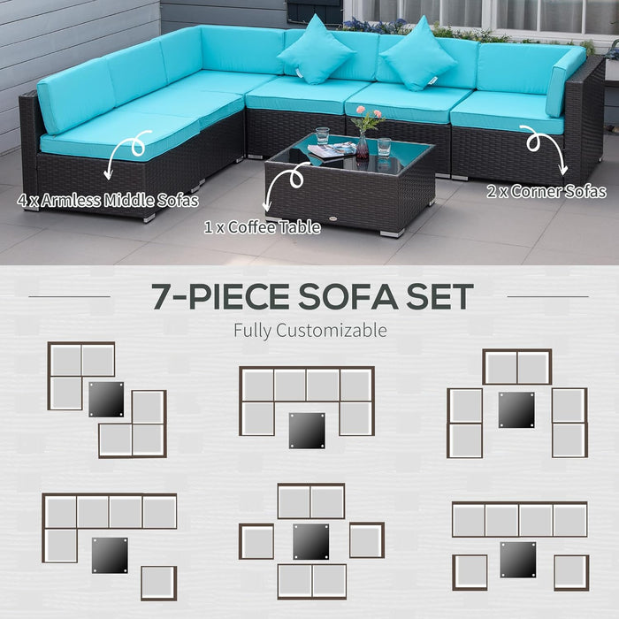 7-Piece Patio Furniture Sets Outdoor Wicker Conversation Sets All Weather PE Rattan Sectional Sofa Set with Cushions & Tempered Glass Desktop, Turquoise
