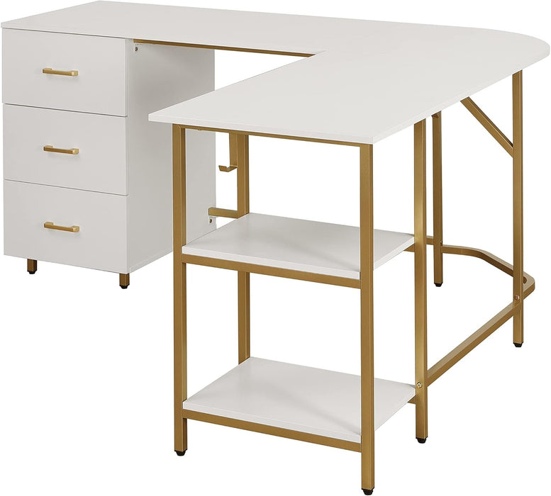 L Shaped Desk - Two-Toned Computer Desk with Drawers & Storage Shelves - Simple Modern Furniture & Home Office Space Corner Table for Work & Writing