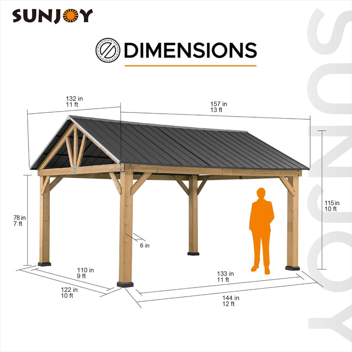 Wood Gazebo 13 X 15 Ft. Outdoor Patio Premium Cedar Frame Gazebos with Matte Black Steel Gable Hardtop Roof for Garden, Backyard Shade, Black Roof + Natural Wood Frame