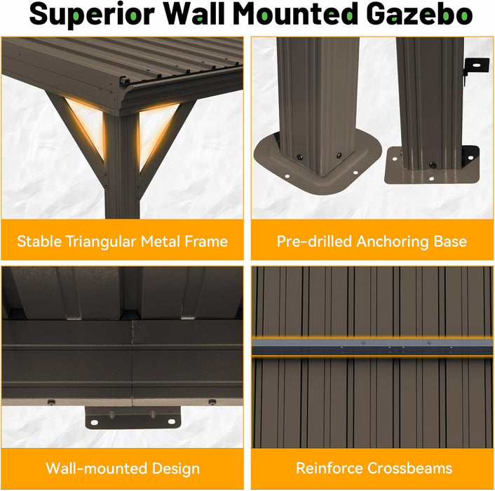 12X20Ft Lean to Gazebo, Outdoor Hardtop Wall Mounted Gazebo with Gutter & Sloping Galvanized Steel Roof, Metal Hard Top Awnings for Deck, Porch, Backyard -Brown