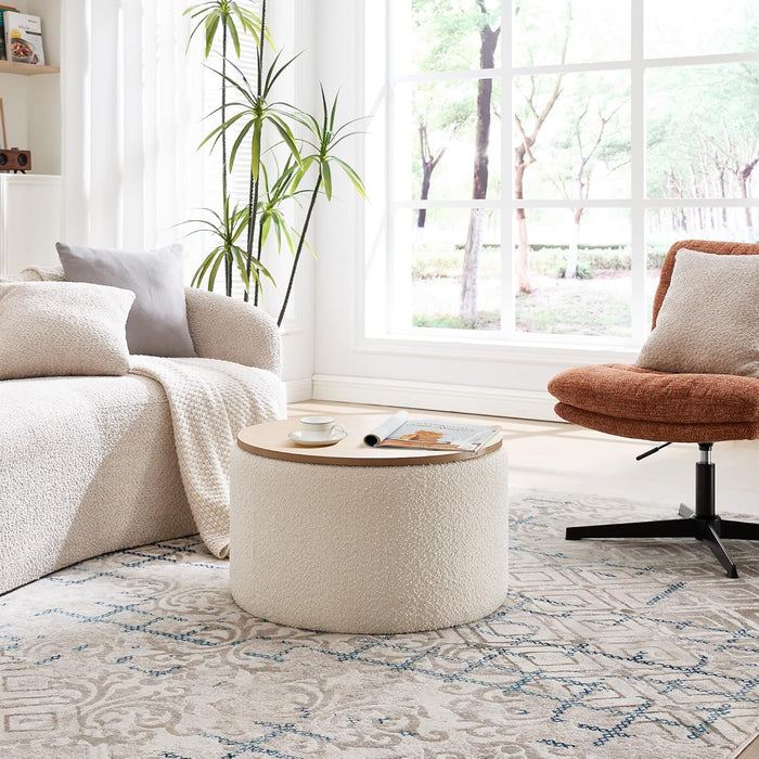 21 Inch Modern round Ottoman with Storage, Large Dorm Boucle Ottoman Coffee Table, Multi-Functional Wood Foot Rest Stool, Extra Seating Chair for Dorm, Living Room Couch, Bedroom, Off-White