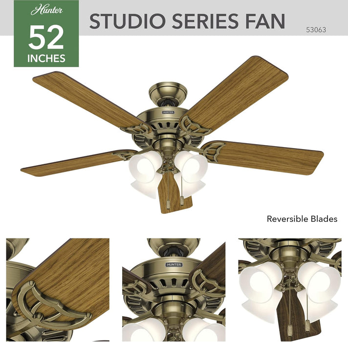 Fan Company, 53063, Studio Series 52 Inch Ceiling Fan with Lights, 4 Covered Energy Efficient LED Lights, Pull Chain, Antique Brass