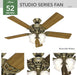 Fan Company, 53063, Studio Series 52 Inch Ceiling Fan with Lights, 4 Covered Energy Efficient LED Lights, Pull Chain, Antique Brass