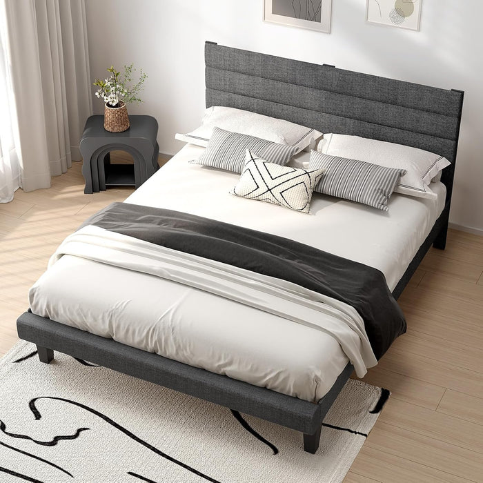Queen Upholstered Platform Bed Frame with Headboard,Linen Dark Gray
