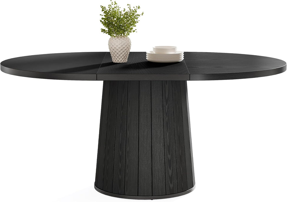 Oval Dining Table for 6 People, 55.11-Inch Farmhouse Kitchen Dinner Table with Cylindrical Pedestal (All Black)