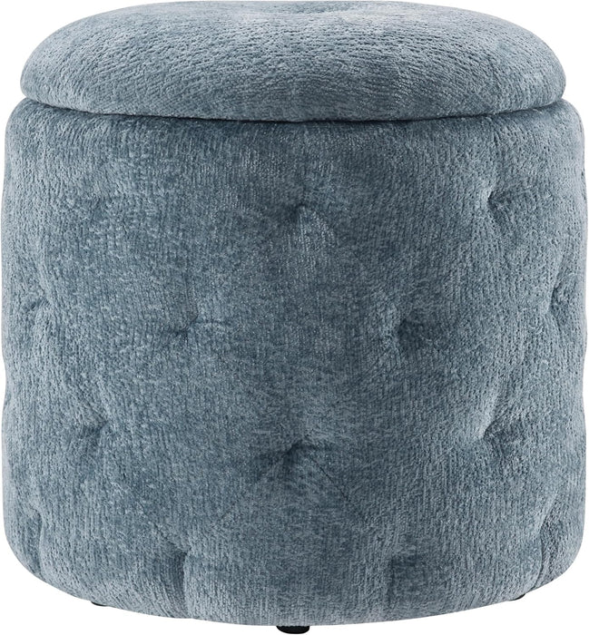 Erindale round Storage Ottoman, 18.75 Inch Diamond Tufted, Plush Lined Interior, Sky Blue