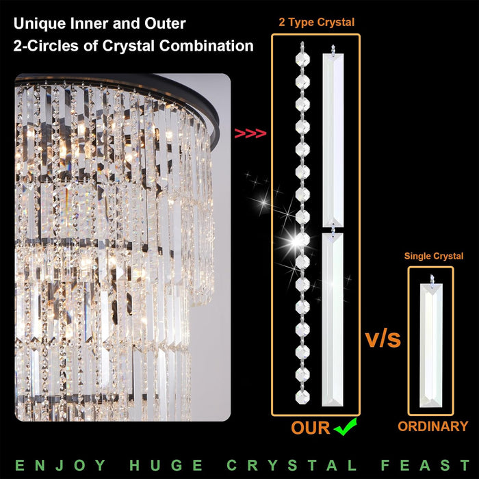 Large Black Chandelier Light Fixtures - 37 Lights, Modern Crystal Chandeliers for Hotel, Lobby, Foyer, Entrance Hall, Staircase