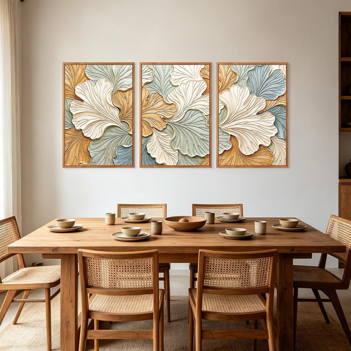 3D Neutral Earth Tone Impasto Ginkgo Leaf Textured Framed Canvas Wall Art Set, Pastel Minimalist Relief Wall Decor, Modern Art Prints for Living Room Hallway Bedroom Home Decor 24"X36"X3