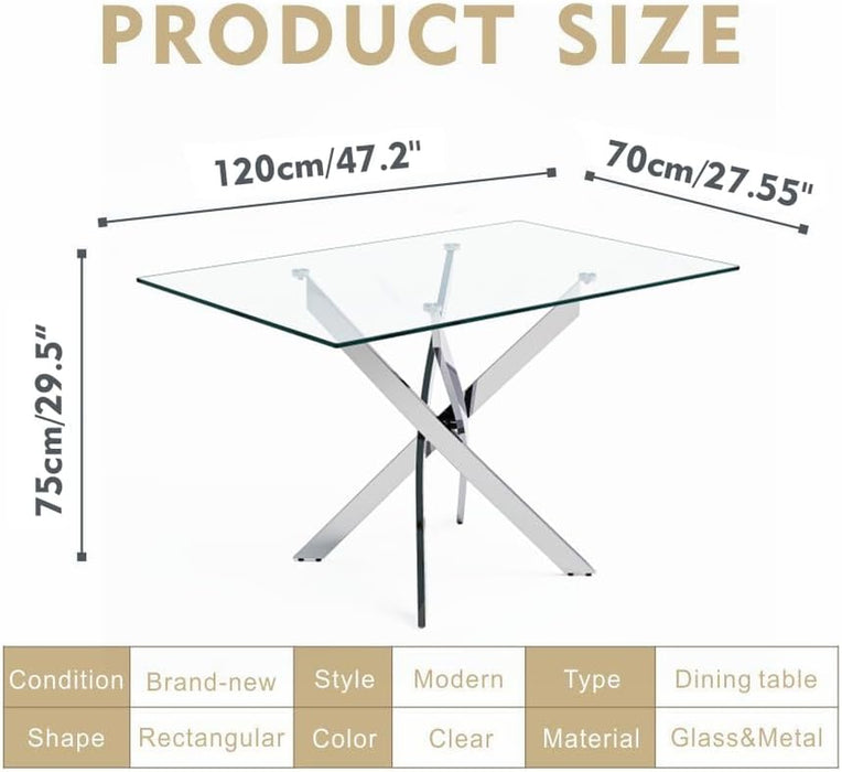 Tempered Glass Dining Table with Chromed Legs, 47In Rectangular Kitchen Table for Kitchen Dining Room Home Office (47.24 * 27.55, White/Silver)