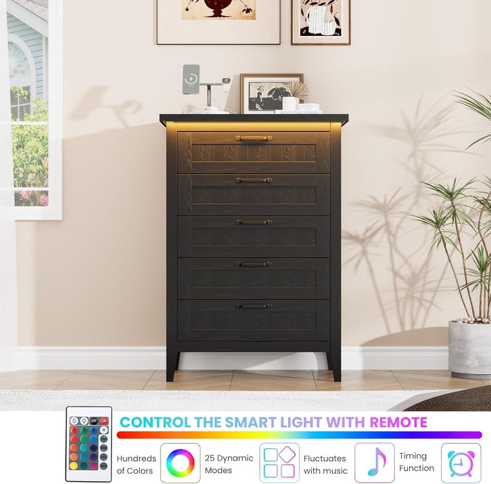 5 Drawer Dresser for Bedroom with Charging Station and LED Lights, Farmhouse 44.9" Tall Chest of Dresser with Large Storage, Rubst Wood Construction for Living Room, Hallway & Entryway, Black