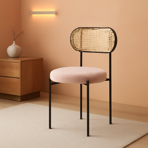 Kitchen Chairs Set of 4, Mid-Century Modern Dining Chairs,Kitchen Dining Room Chairs, Rattan Backrest round Upholstered Sherpa Dining Chairs,Pink