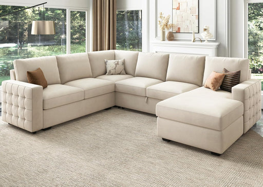 Sleeper Sectional Sofa with Storage Chaise U Shaped Sectional Couch for Living Room, Velvet Sleeper Sectional Couch with Pullout Bed, Beige