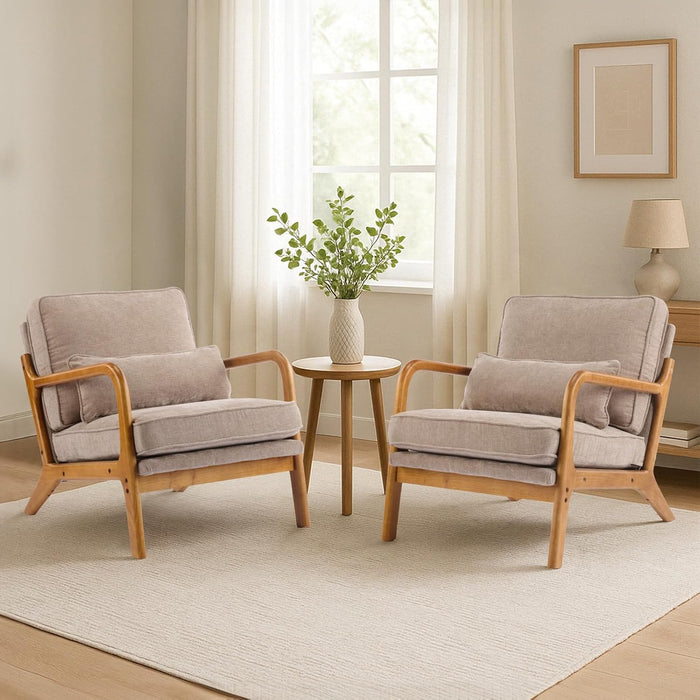 Mid Century Modern Accent Chair with Lumbar Pillow & Oak Arms – Plush Chenille Living Room Chair for Bedroom, Lounge (Khaki)