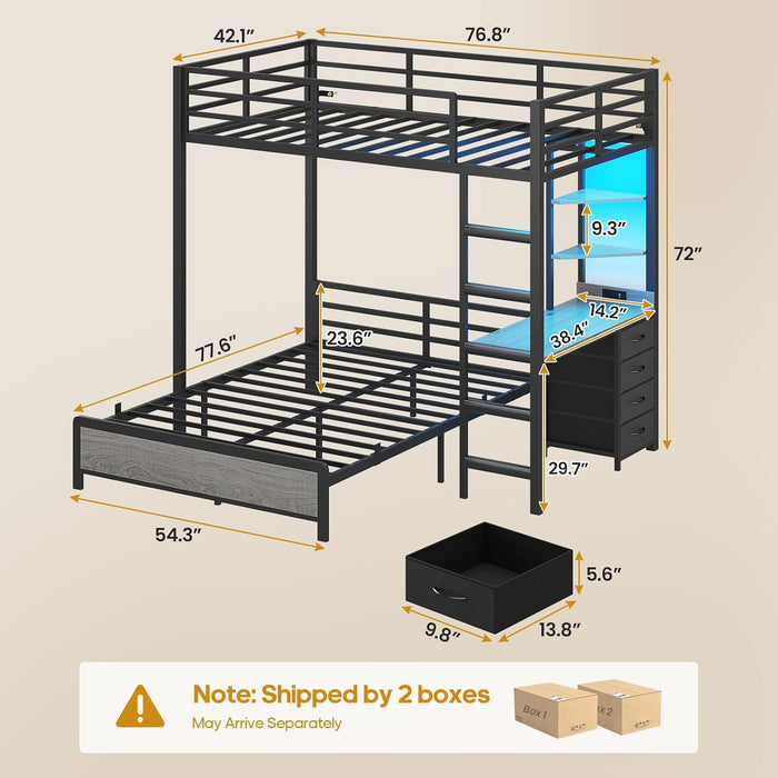Twin over Full Bunk Bed with Desk, Bunk Beds Twin over Full Size with Charging Station & Led Lights, Storage Drawers & Shelves, Loft Bed with Safety Guardrail & Ladder for Kids/Teens, Grey