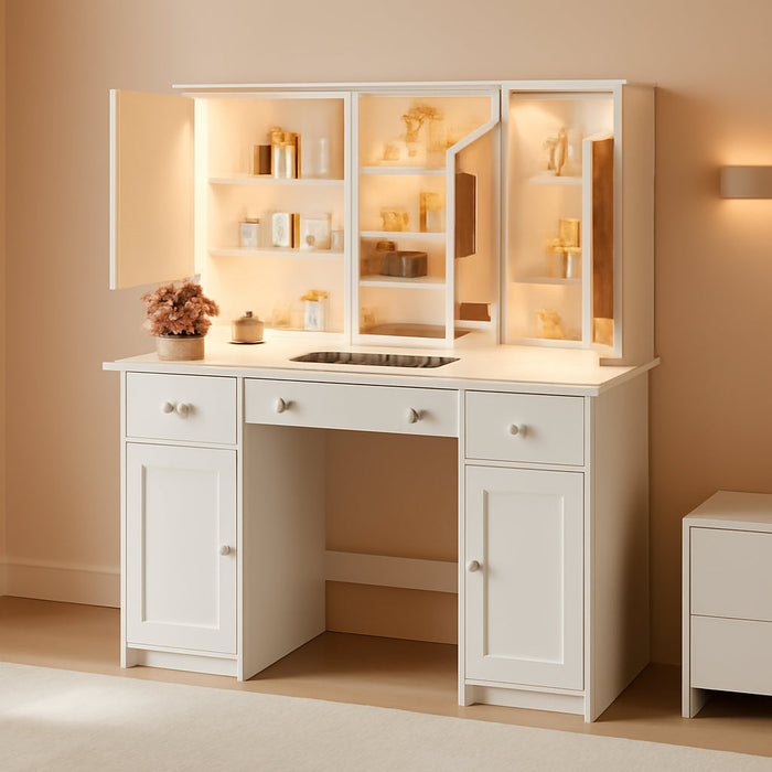 Vanity Desk with Mirror and Lights, 45.3'' Large Makeup Vanity with Glass Top & Power Outlet, White Vanity Table with 3 Drawers & 2 Cabinets & Hidden Storage Shelves, 3 LED Lighting Modes