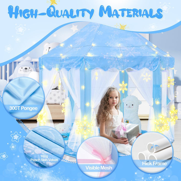 Frozen Princess Tent with Large Snowflake Lights for Girls Age 4-7, Kids Play Tent for Girls Indoor, Princess Castle Playhouse for Toddlers, Blue Frozen Toy 55X53 Inch
