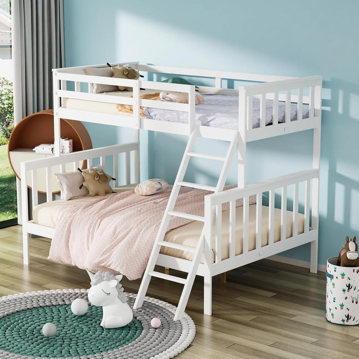 Convertible Twin over Full Bunk Bed for Kids Children Teens Adults, Solid Wood Bunk Bed Frame with Ladder and Guard Rail Space Saving Beds Frames for Bedroom (Mattress Not Included)