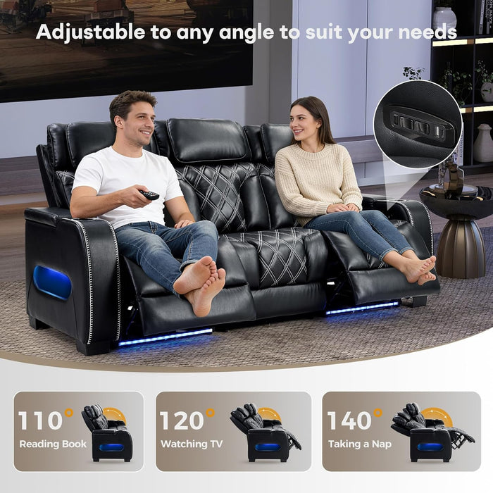 Home Theater Seating, Power Reclining Sofa with Adjustable Headrests, PU Leather 3 Seat Recliner Sofa Couch Set with Ambient Lighting, Cup Holders, USB & Type C Ports, Armrest Storage, Black