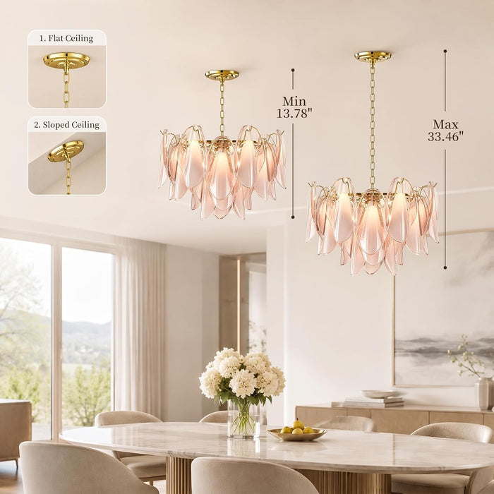 Modern Chandelier, 20" Gold Dining Room Chandelier with Handcrafted Glass Petal Design, 6-Light Hanging Ceiling Light Fixture, 3 Color Adjustable Pendant Lamp for Kitchen Island, Bedroom, Foyer