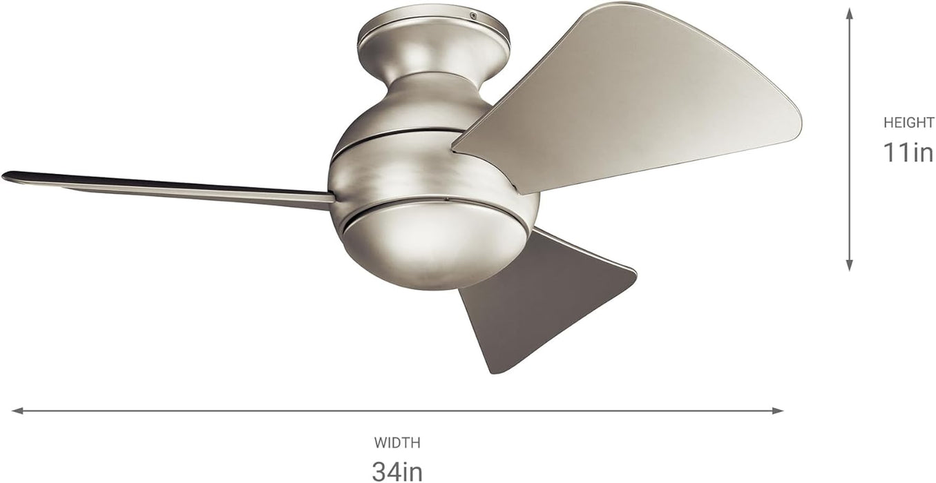 Sola 34" LED Indoor Outdoor Ceiling Fan in Brushed Nickel, 3-Blade, 3000K, (34" W X 11" H), 330150NI