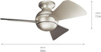 Sola 34" LED Indoor Outdoor Ceiling Fan in Brushed Nickel, 3-Blade, 3000K, (34" W X 11" H), 330150NI