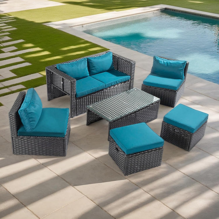 6-Piece Patio Conversation Set with Storage Coffee Table, Peacock Green